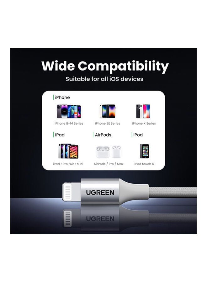 Ugreen - USB To Lightning Alu Case Braided  Cable 2M Silver - Image 1