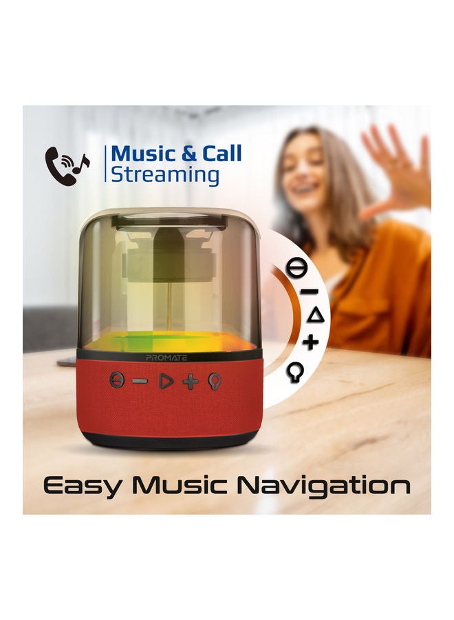 PROMATE Bluetooth Speaker, Premium 10W True Wireless Portable LED Speaker with 360-Degree HD Sound, Light Show, 6H Playtime, 3.5mm Audio Jack, USB Port and TF Card Slot for iPhone 14, iPad Air, iPod, Glitz-L. Red  - Image 4