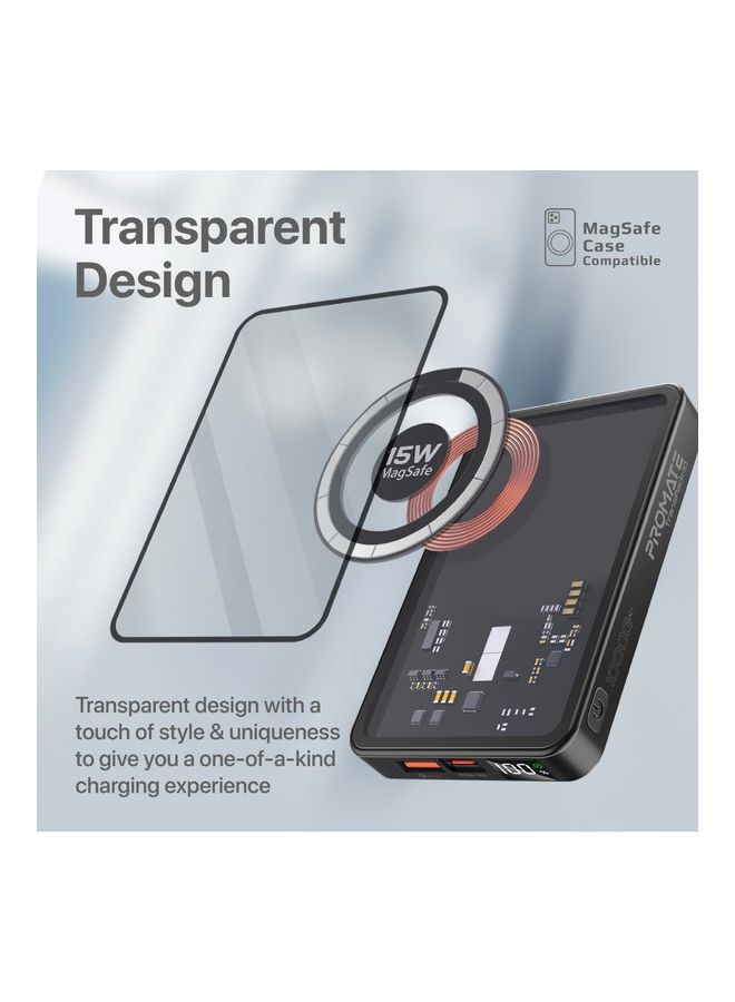 PROMATE 10000 mAh Magnetic Wireless Power Bank, 15W Mag-Safe Transparent Battery Pack With 20W Usb-C Power Delivery Port, 22.5W Qc 3.0 Port And Lcd Screen For Iphone 14,15, Ipad Air, Galaxy S22, Transpack-10 Black  - Image 2