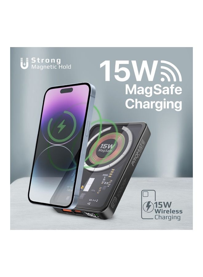 PROMATE 10000 mAh Magnetic Wireless Power Bank, 15W Mag-Safe Transparent Battery Pack With 20W Usb-C Power Delivery Port, 22.5W Qc 3.0 Port And Lcd Screen For Iphone 14,15, Ipad Air, Galaxy S22, Transpack-10 Black  - Image 4
