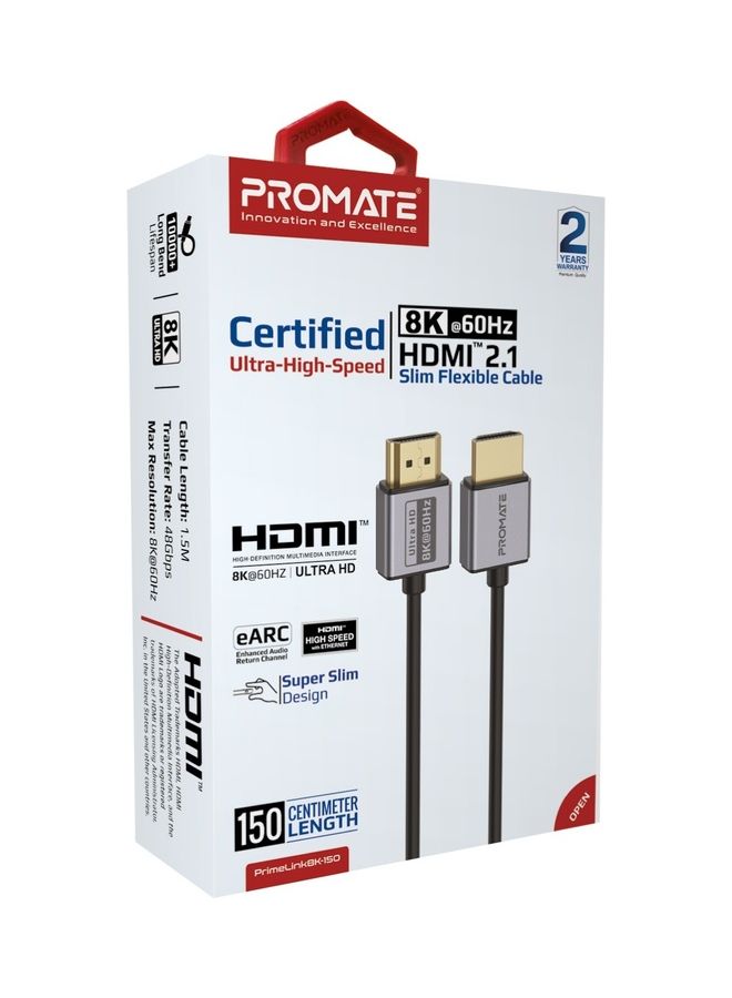 PROMATE - Promate 8K HDMI Cable, Premium 48Gbps High-Speed HDMI 2.1 Audio Video Cable with Enhanced Audio Return, 1.5 Meter Slim Cord and Dynamic HDR Support Black Black - Image 1