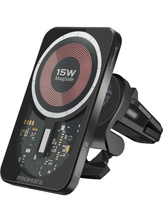 PROMATE - iPhone 16  Magnetic Wireless Car Charger, Ultra-Fast MagSafe Transparent Car Charger with 15W Output, AC Vent Holder, Gooseneck Mount, 360 Degree Rotation and Cradleless Design, Lucid Mount-15 - Black - Image 1