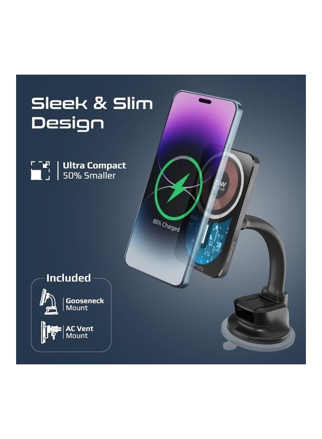 PROMATE - iPhone 16  Magnetic Wireless Car Charger, Ultra-Fast MagSafe Transparent Car Charger with 15W Output, AC Vent Holder, Gooseneck Mount, 360 Degree Rotation and Cradleless Design, Lucid Mount-15 - Black - Image 1