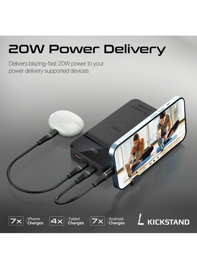 20000 mAh 4-In-1 Qi Wireless Portable Charger 15W With USB-C Power Delivery Port 20W Black