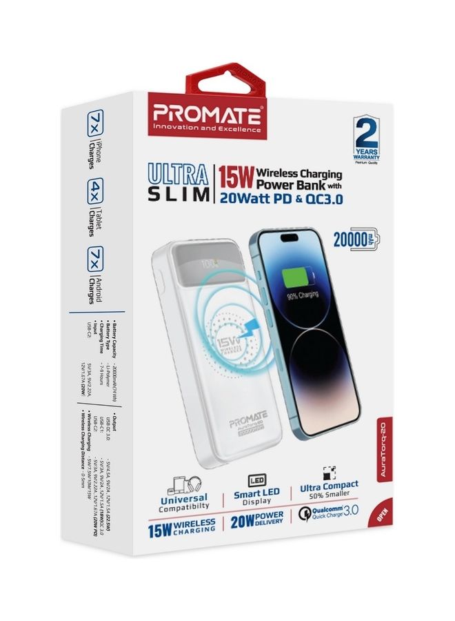PROMATE - 20000 mAh 20000 mAh Qi Wireless Portable Charger With 20W USB-C Power Delivery Port And 15W QC 3.0 USB-C Port White - Image 1