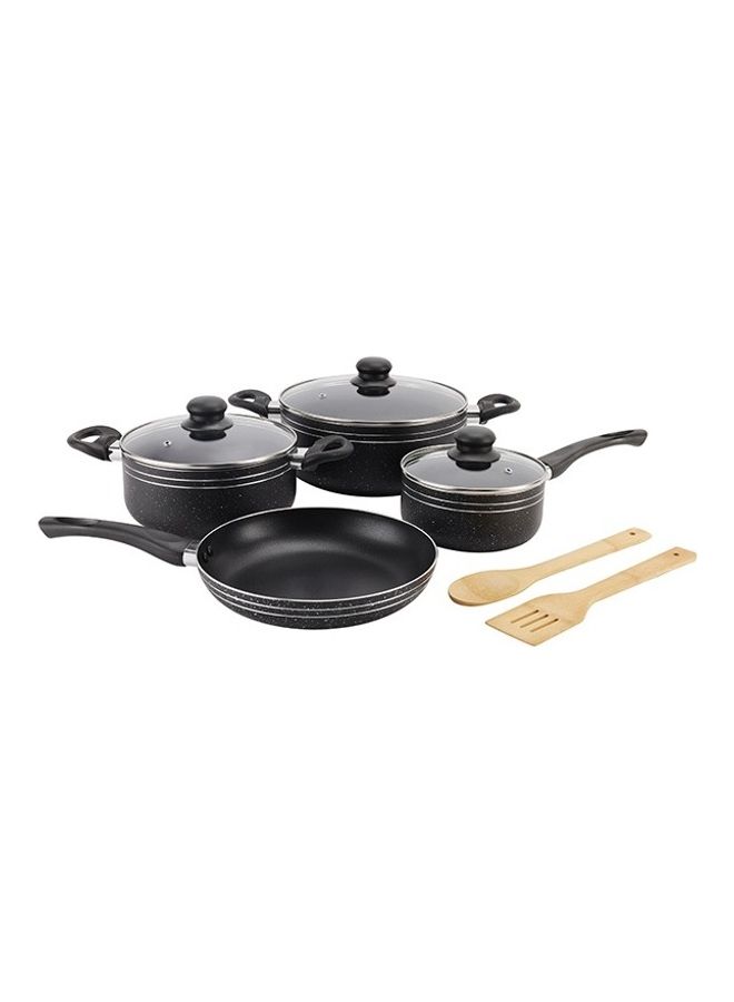 Royalford Ritz 9-Piece Non-Stick Cookware Set- Aluminum Body With 3-Layer Construction Cd Bottom Bakelite Handles And Glass Lid Black Includes 1x Casserole With Lid  24x10 cm, 1xCasserole With Lid 20x9 cm,1xSaucepan With Lid 16x7.5 cm, 1xFry Pan 24x4.5 cm, 1xBamboo Turner, 1xBamboo Spoon. Black 24x10 cm 