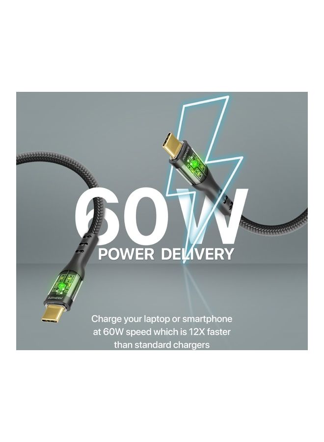 PROMATE iPhone 16 Cable, Usb-C To Usb-C Cable, Premium 60W Power Delivery Type-C Cable With Transparent Shells, 480Mbps Data Sync And 120Cm Nylon Braided Cord,Galaxy S25, Ipad Air, Dell Xps 13 - Black  - Image 2