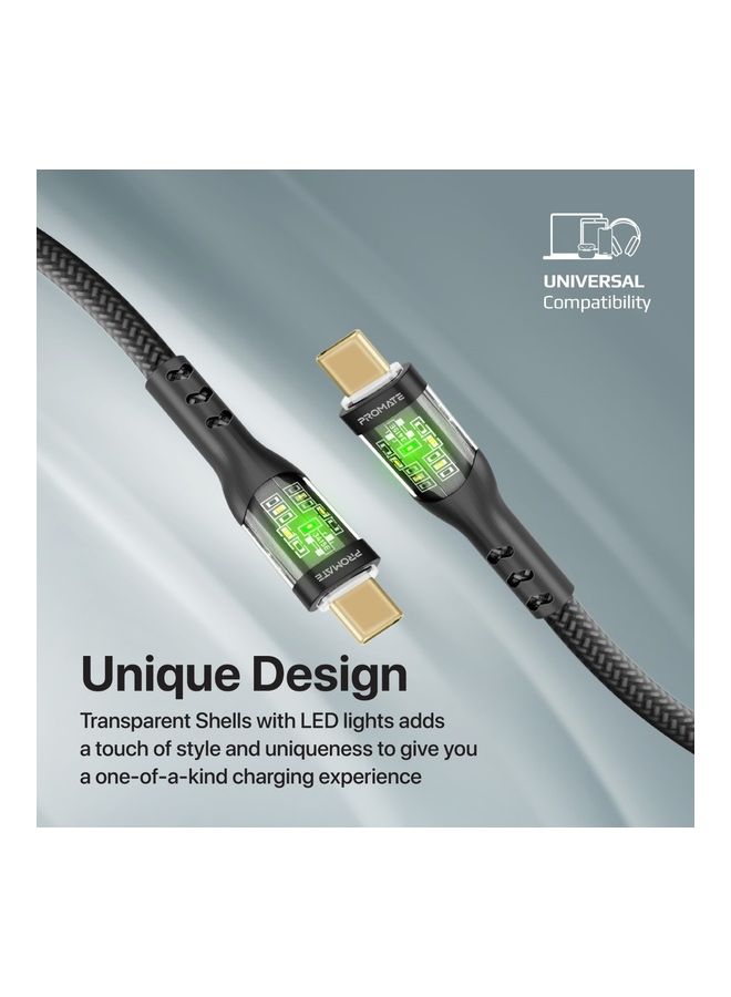 PROMATE iPhone 16 Cable, Usb-C To Usb-C Cable, Premium 60W Power Delivery Type-C Cable With Transparent Shells, 480Mbps Data Sync And 120Cm Nylon Braided Cord,Galaxy S25, Ipad Air, Dell Xps 13 - Black  - Image 3