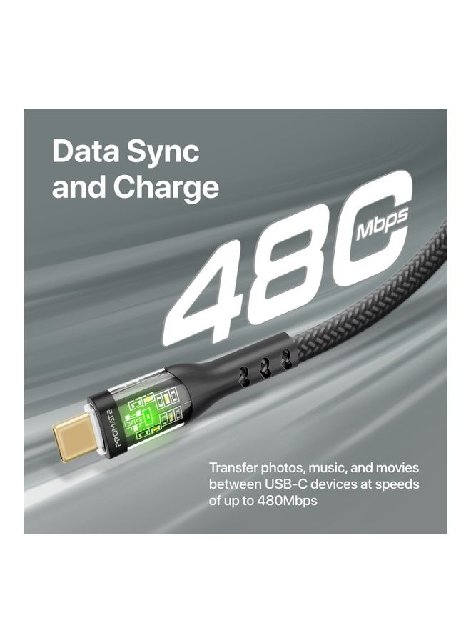 PROMATE iPhone 16 Cable, Usb-C To Usb-C Cable, Premium 60W Power Delivery Type-C Cable With Transparent Shells, 480Mbps Data Sync And 120Cm Nylon Braided Cord,Galaxy S25, Ipad Air, Dell Xps 13 - Black  - Image 5