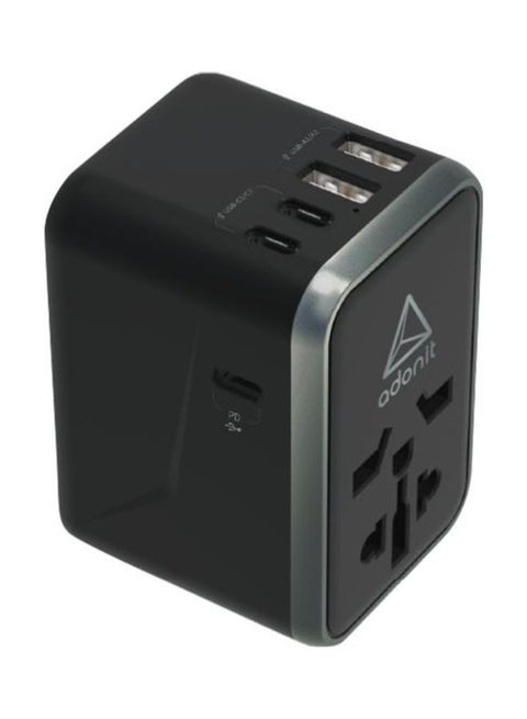 محول سفر عالمي 3C2A - شاحن حائطي دولي PD 65 وات (3 منافذ USB-C + 2 منافذ USB-A)
