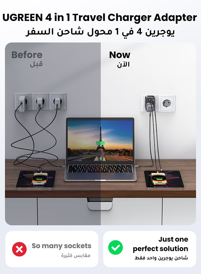 يو جرين محول شاحن سفر 4 في 1 مع 3 منافذ USB من النوع G 3 دبابيس الى قابس اوروبي نوع C لمصر والكويت والجزائر والمغرب واوروبا وتايلاند وغيرها  - Image 3