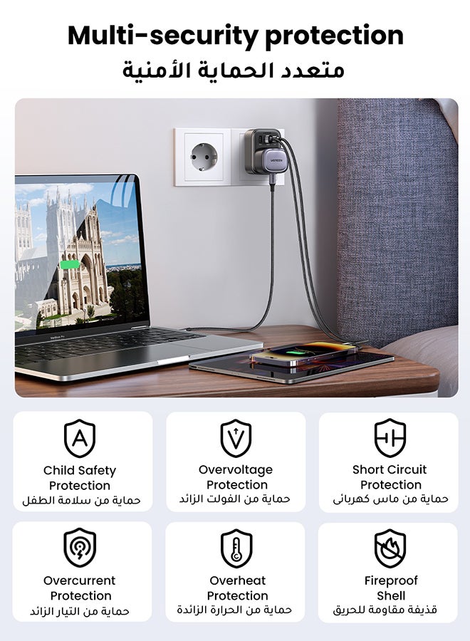 Travel Charger Adapter UAE/KSA/UK to European Plug Travel Converter 4-in-1 Charger with 3 USB Ports, Type G 3 Pin to Euro Type C Plug for Egypt, Kuwait, Algeria, Morocco, Europe,Thailand etc. Black