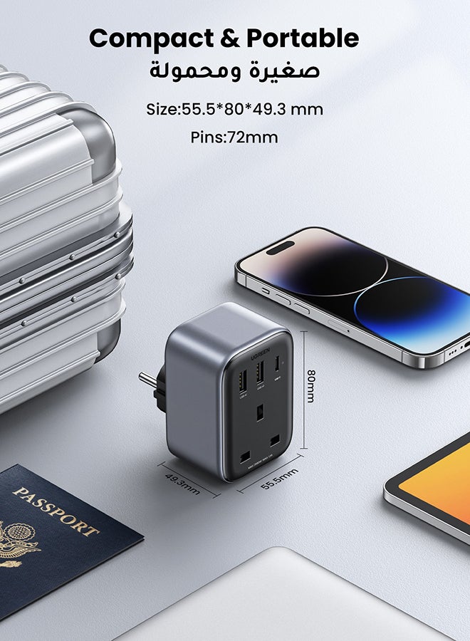 Travel Charger Adapter UAE/KSA/UK to European Plug Travel Converter 4-in-1 Charger with 3 USB Ports, Type G 3 Pin to Euro Type C Plug for Egypt, Kuwait, Algeria, Morocco, Europe,Thailand etc. Black