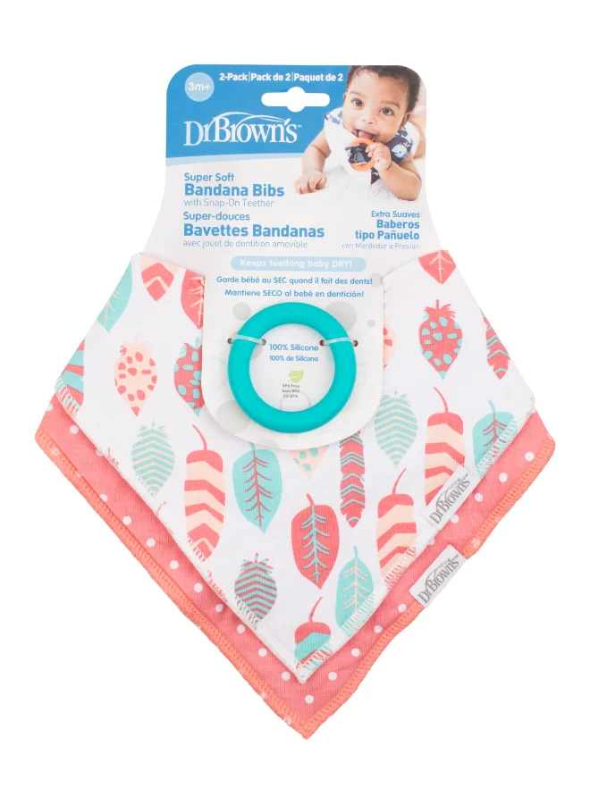 Dr. Brown’s Bandana Bib With Teether With One Turquoise Teether, Pack Of 2 - Feathers/Dots