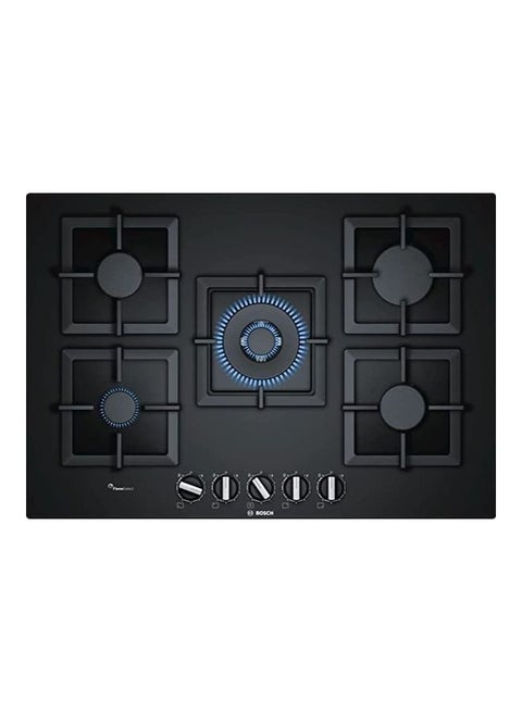 Built In Hub Series 6 75 Cm Tempered Glass 5 Separated Burners Pan Supports Elongated Cast Iron With Rubber Feet Double Crown Middle Burner Nine Precisely Defined Power Levels PPQ7A6B20 Black