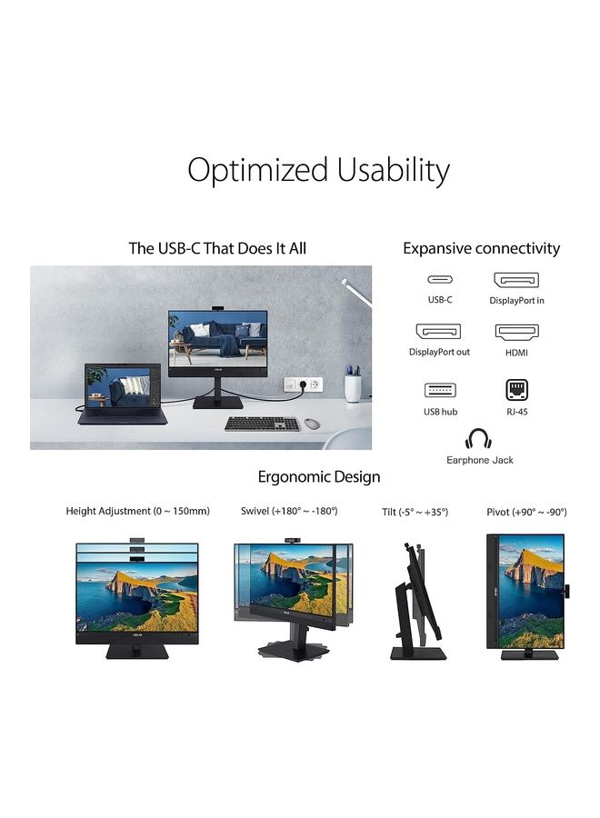 ASUS 23.8 Inch 1080P Video Conferencing Monitor - Full Hd, Ips, Built-In Adjustable 2Mp Webcam, Ai Noise-Canceling Mic, Eye Care, Usb-C Docking, Rj45, Height Adjustable, Hdmi, Zoom Certified Black - Image 3