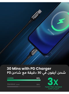 يو جرين كيبل آيفون مضيء معتمد من MFI يشحن بسرعة 60 واط ونوع USB C  متوافق مع  iPhone 14/14 Plus/ 14 Pro/14 Pro Max/iPhone 13/12/XS/Pro Max /Pro/ ipad 9 لون أسود وطول متر واحد أسود  - Image 2