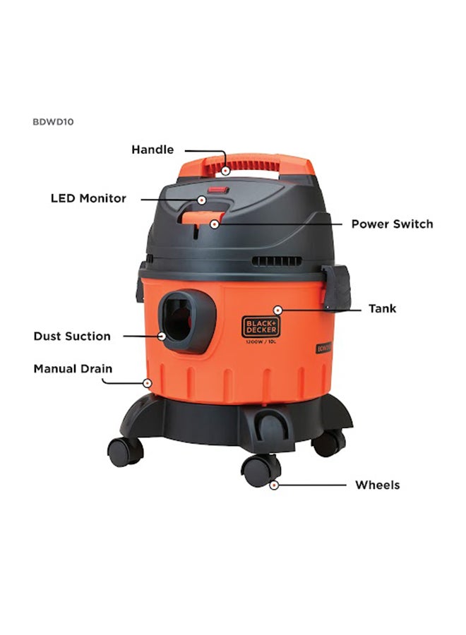 BLACK+DECKER Wet & Dry Vacuum Cleaner, 5m Cord, 2m Swivel Hose, Washable HEPA Filter, Overheat Protection, Blower Function, Easy Assembly, 10 L 1200 W WDBD10-B5 Orange/Black  - Image 2