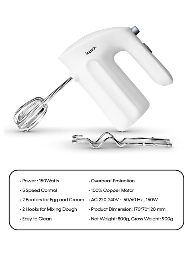 Impex - 5-Speed Control With Turbo Function Hand Mixer 150.0 W HM 3304 White - Image 1