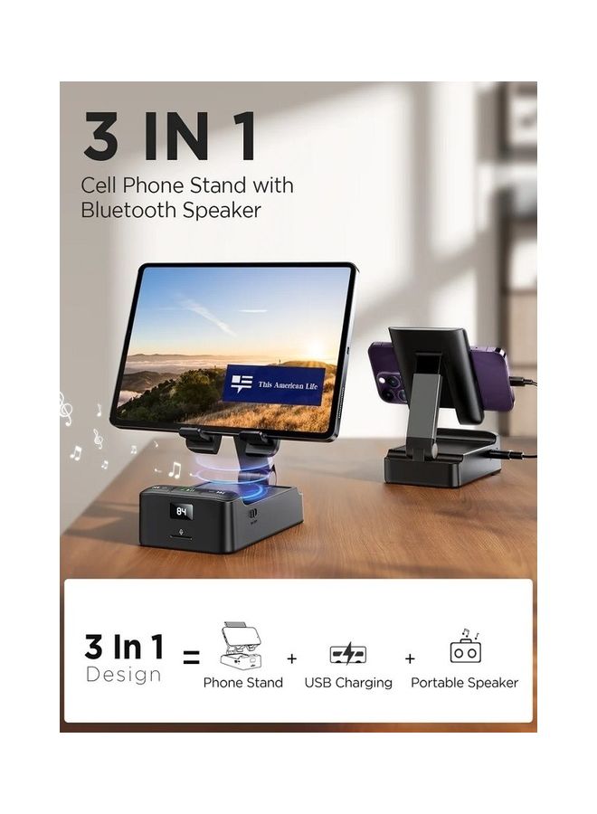 JOYROOM Phone Stand With Wireless Bluetooth Speaker Anti-Slip Base Hd Surround Sound Perfect For Home And Outdoors For Desk Compatible With Iphone/Ipad/Samsung Galaxy Black  - Image 3