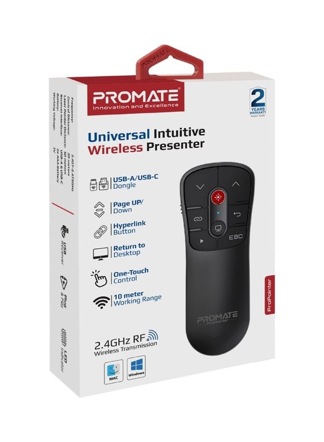 بروميت - جهاز عرض مؤشر ليزر، جهاز عرض تقديمي عالمي مزدوج USB-C وUSB-A PPT، نطاق عمل 10 أمتار وأزرار تحكم لنظام التشغيل Mac OS، Windows، ProPointer أسود - Image 1