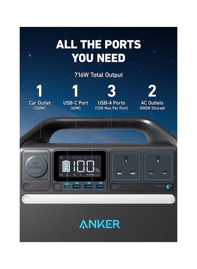 Anker 535 Portable Power Station, 512Wh Solar Generator (Solar Panel Optional) with LiFePO4 Battery Pack, 500W 9-Port Powerhouse, 4 AC Outlets, 60W USB-C PD Output, LED Light for Outdoor Camping, RV Black  - Image 5