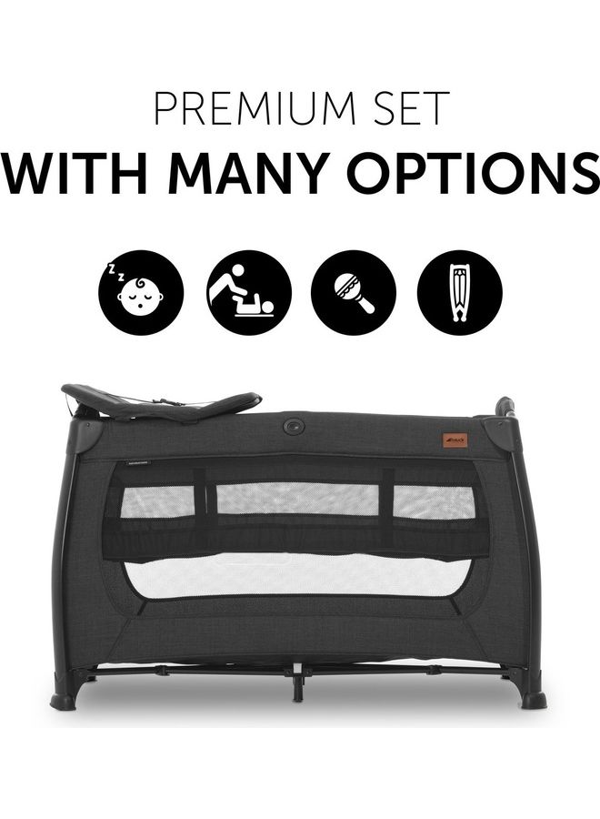 hauck Play N Relax Center Umbrella Bed With Mattress 2 Levels – Height Adjustable, Changing Table Included, Side Access, Wheels – Melange Black  - Image 2