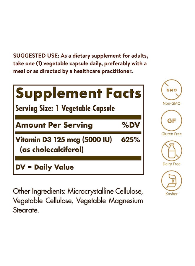 Solgar - Vitamin D3 (Cholecalciferol) 125 Mcg, 5000 Iu 120 Vegetable Capsules - Image 1