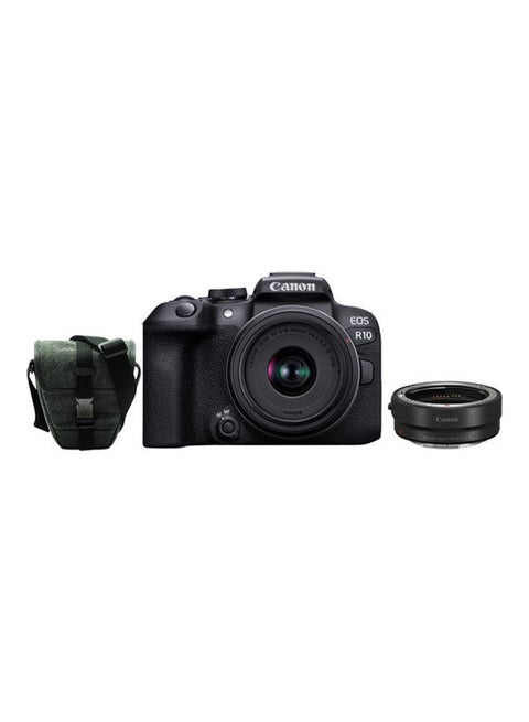 كاميرا EOS R10 بدون مرآة + عدسة RF-S مقاس 18-45 مم F4.5-6.3 IS STM مع حقيبة حافظة HL110 رمادي + محول التركيب EF-EOS R