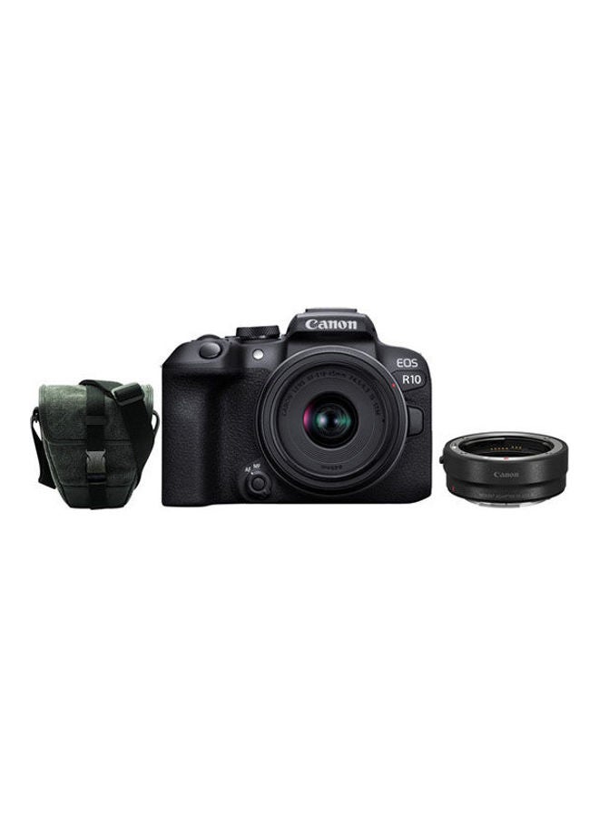 كاميرا EOS R10 بدون مرآة + عدسة RF-S مقاس 18-45 مم F4.5-6.3 IS STM مع حقيبة حافظة HL110 رمادي + محول التركيب EF-EOS R