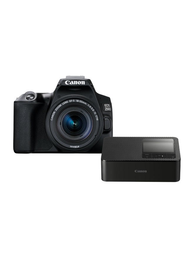 كانون كاميرا EOS 250D DSLR، مع عدسة EFS 18-55 DC III 24.1 ميجابكسل، مستشعر APS-C، 5 إطارًا في الثانية، شاشة لمس متغيرة الزوايا، أفلام 4K، واي فاي، بلوتوث+ Selphy CP1500 BLK طابعة صور محمولة  - Image 1