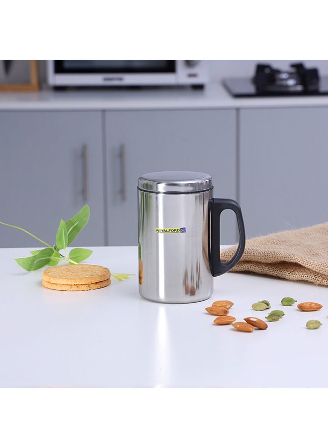 Royalford Mug With Lid Double Wall Stainless Steel 350Ml 9X9.5X13Cm Hot Cold Multicolor Silver  - Image 3