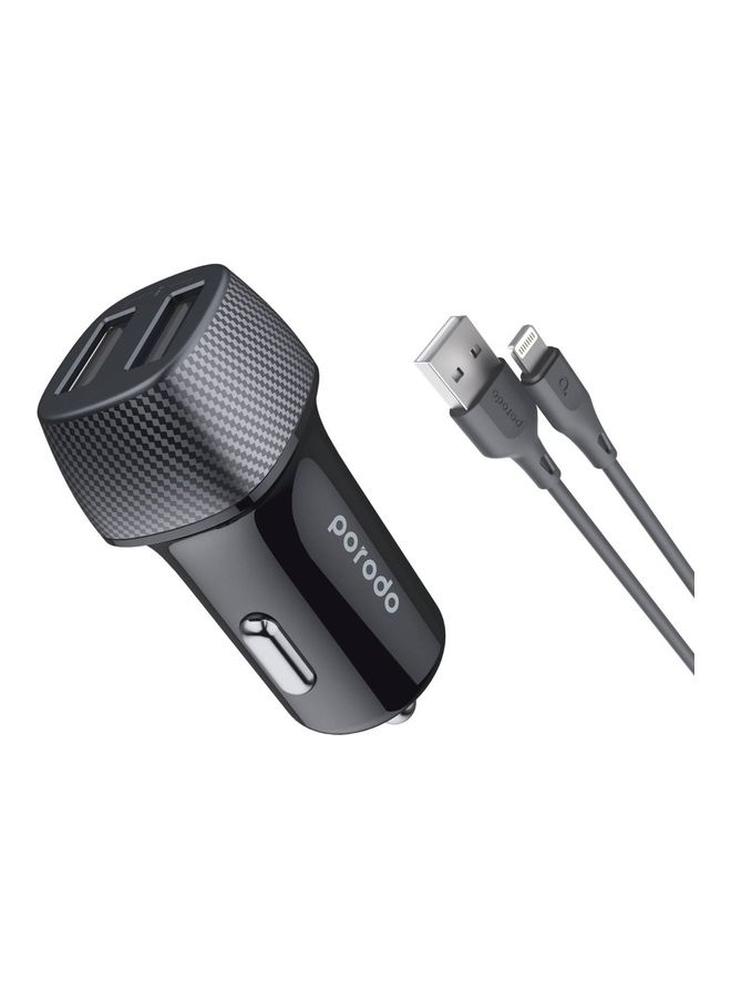 porodo iPhone Dual Port Car Charger 3.4A With USB-A To Lightning Cable 0.9M, Fast Charging Compatible With For iPhone 14/14 Plus/ 14 Pro/14 Pro Max/13/12/11/XS/Pro Max /Pro/Mini/SE/ iPad 9 And More Black - Image 1