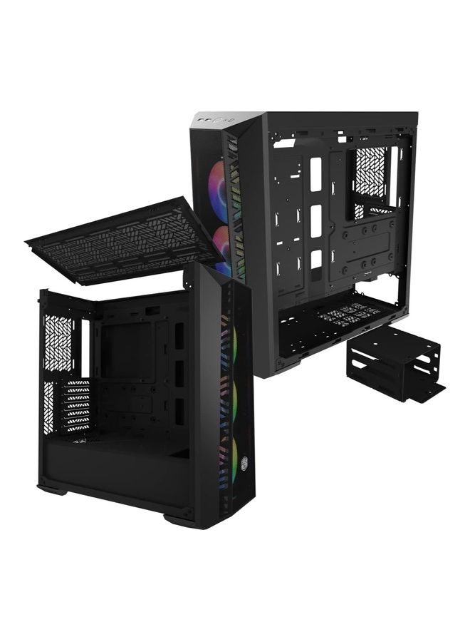 كولر ماستر - MasterBox 520 Blackout Edition Airflow ATX Mid-Tower، واجهة شبكية، لوحة من الزجاج المقسى، E-ATX*(*ما يصل إلى 12 × 10.7 بوصة، USB 3.2 Gen2 Type-C، ثلاثة مصابيح ARGB ذات تدفق سيك 120 مم - Image 1