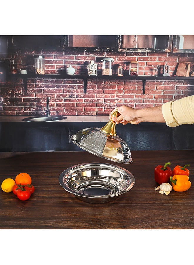 Royalford 35 CM Galaxy Cozy Tray with Dome Lid Versatile And Strong Stainless Steel Construction with Mirror Finish Body and Elegant Long Golden-Finish Knob Silver/Golden 35cm - Image 2