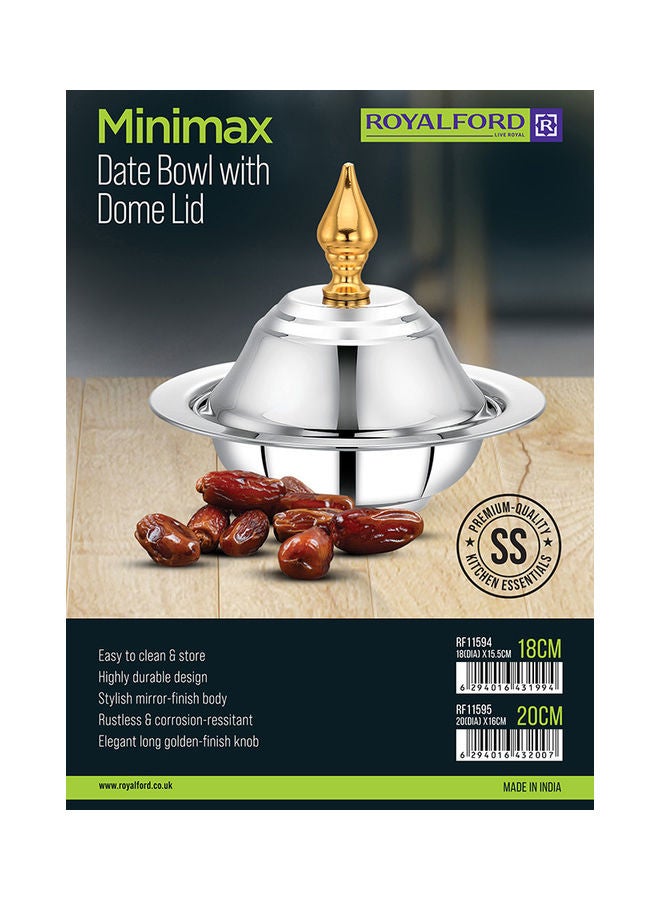Royalford Perfect for Serving Dates Dried Nuts Candies Etc.| Versatile And Strong Stainless Steel Construction with Mirror Finish Body and Elegant Long Golden-Finish Knob| Silver and Golden Silver/Golden 18cm - Image 5