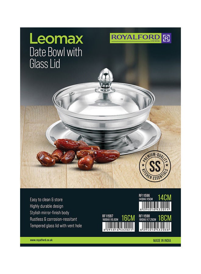 Royalford Leomax Dates Bowl With Glass Lid Premium Quality Stainless Steel Tempered Glass Lid With Steel Frame Silver 14cm  - Image 5