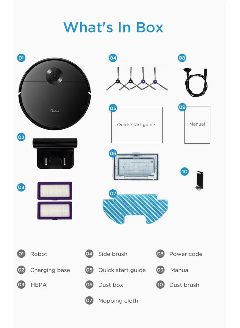 Midea - Robot Vacuum cleaner,strong suction with BLDC motor, Sweep and Wet Mopping, 3 level to choose, Wi-Fi App & Voice Control with Msmartlife, Several cleaning modes, 2600mah battery 240 W I5C Black - Image 1
