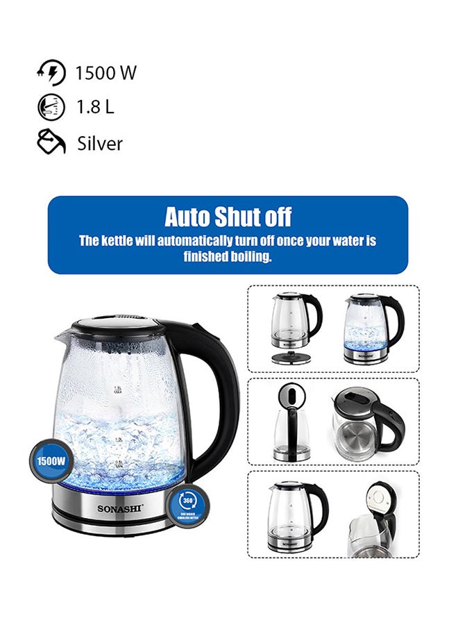 1.8 L Cordless Kettle - Glass Kettle with Safety Lock Lid | 360-degree Swivel Base - Auto Shutdown, Power On/Off Indicator Light Feature | Instant Water Heater And Tea Maker 1.8 L 1500 W SKT-1809 Silver 