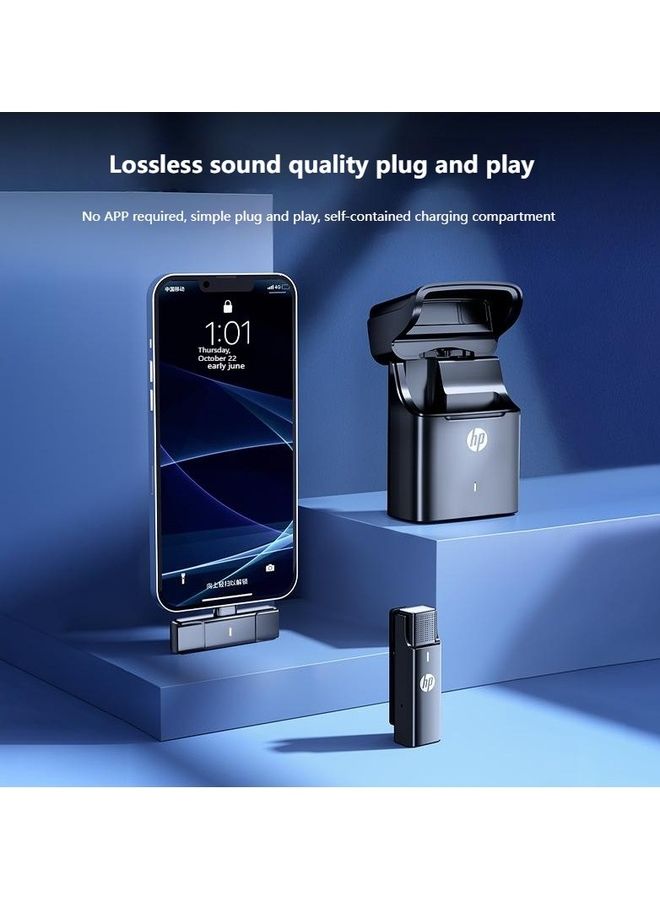 HP - Wireless Lavalier Microphone Noise Reduction Live Broadcast Wheat Video Vlog Shooting Artifact Outdoor Interview Suitable For Mobile Phones ios Interface Wireless Microphone Black - Image 1