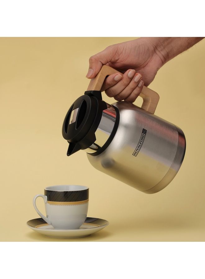 Royalford - Stainless Steel Vacuum Jug With Wooden Handle Thermal Insulated Airpot Portable And Leak Proof Thermal Flask Silver - Image 1