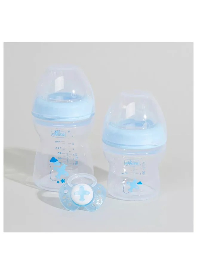 Chicco 2 Pieces - Natural Feeling First Gift Set 0m+ -Feeding Bottles & 1 Piece Soother - Clear/Blue
