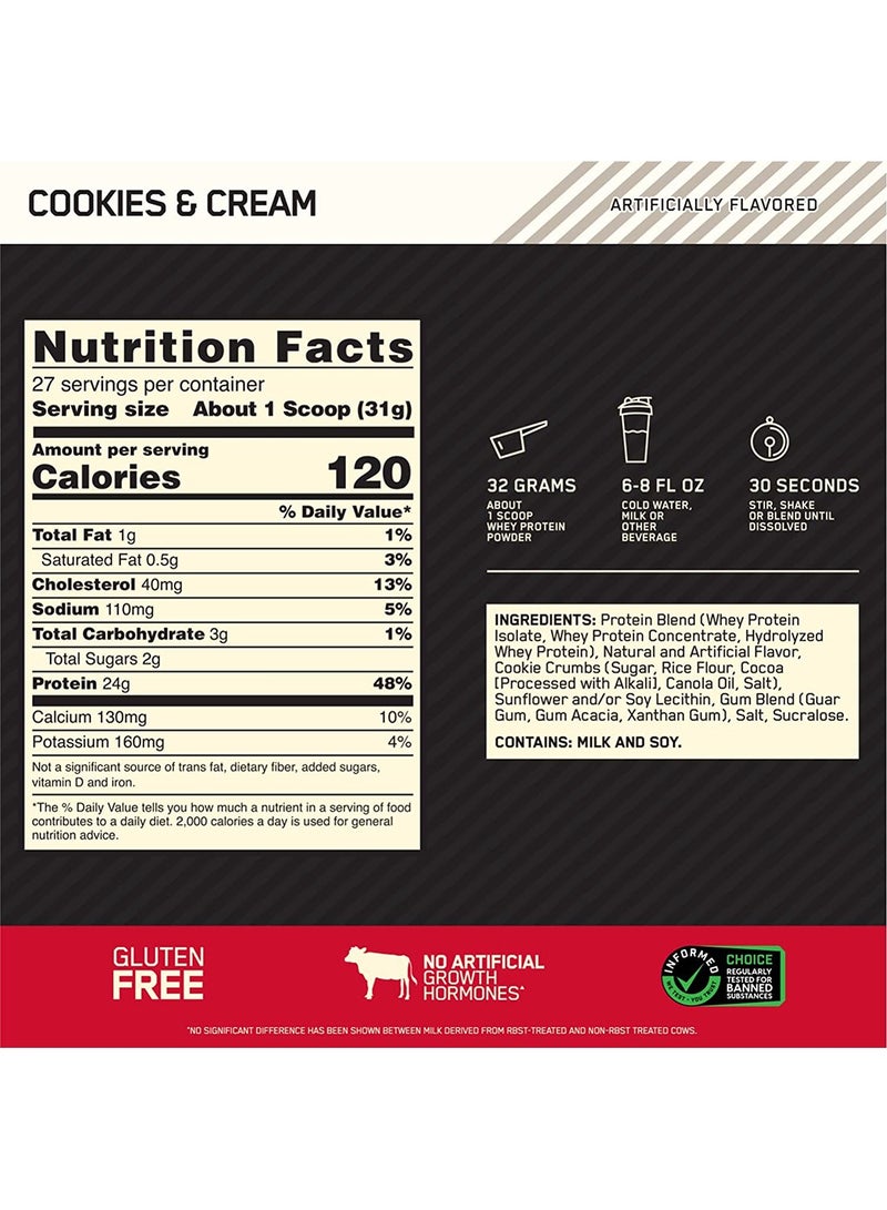 Optimum Nutrition - Gold Standard 100% Whey Protein Powder Primary Source Isolate, 24 Grams of Protein for Muscle Support and Recovery - Cookies & Cream, 1.85 Lbs, 27 Servings (837 Grams) - Image 1