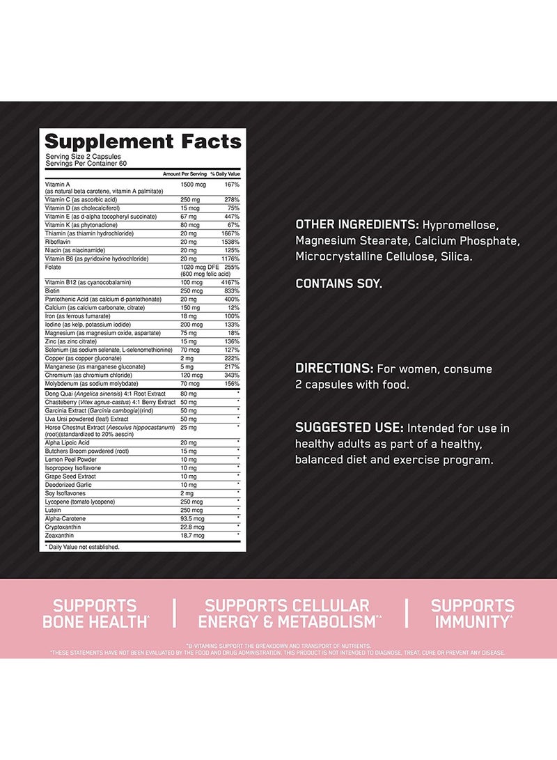 Optimum Nutrition - Opti-Women, Vitamin C, Zinc and D for Immune Support Women's Daily Multivitamin Supplement Capsules with 23 Vitamins & Minerals/ 600 Mcgs Folic Acid/ 18 Mgs Iron - 120 Capsules - Image 1