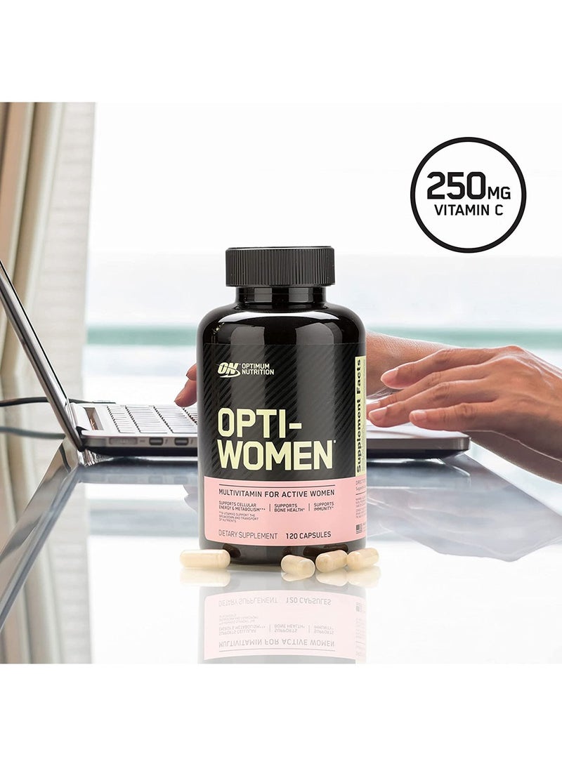 Optimum Nutrition - Opti-Women, Vitamin C, Zinc and D for Immune Support Women's Daily Multivitamin Supplement Capsules with 23 Vitamins & Minerals/ 600 Mcgs Folic Acid/ 18 Mgs Iron - 120 Capsules - Image 1