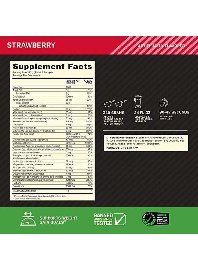 Optimum Nutrition - Serious Mass High Protein Muscle Building & Weight Gainer Protein Powder, 50 Grams Of Protein, Vitamin C & Zinc, Strawberry, 6 Lbs (2.72 KG) - Image 1