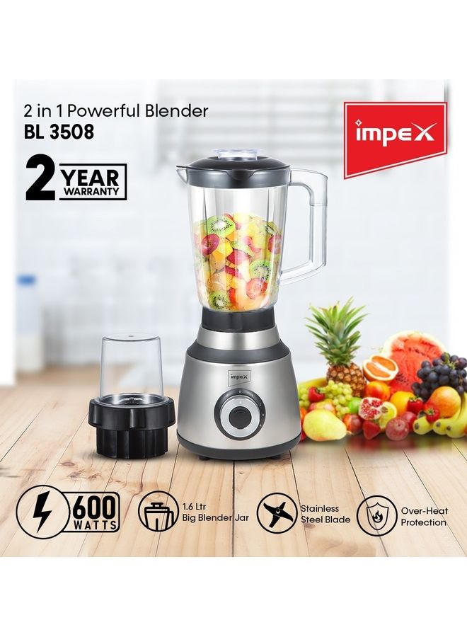 Impex 2 in 1 Powerful Blender  - Powerful Copper Motor, 1.6L Unbreakable Blender Jar, 150g Grinding Jar, Ice-Crushing Blades, Stainless Steel Housing, 4 Speeds, Motor Overheat Protection 600 W BL3508 Black & Grey  - Image 2