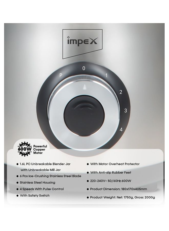 Impex 2 in 1 Powerful Blender  - Powerful Copper Motor, 1.6L Unbreakable Blender Jar, 150g Grinding Jar, Ice-Crushing Blades, Stainless Steel Housing, 4 Speeds, Motor Overheat Protection 600 W BL3508 Black & Grey  - Image 5