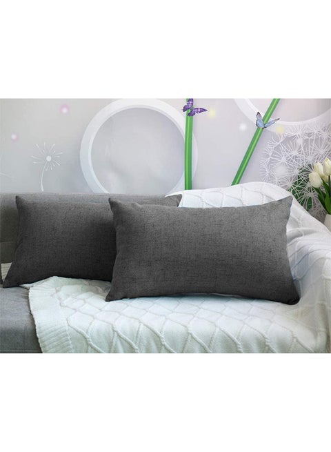 2 Pieces Rectangular Linen Decorative Cushion Set Solid Design Dark Grey 50x30cm