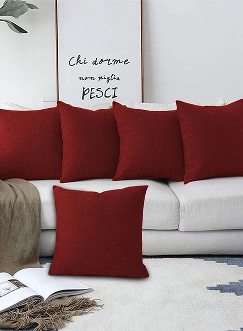 5 Pieces Square Linen Decorative Cushion Set Solid Design Burgundy 45x45cm